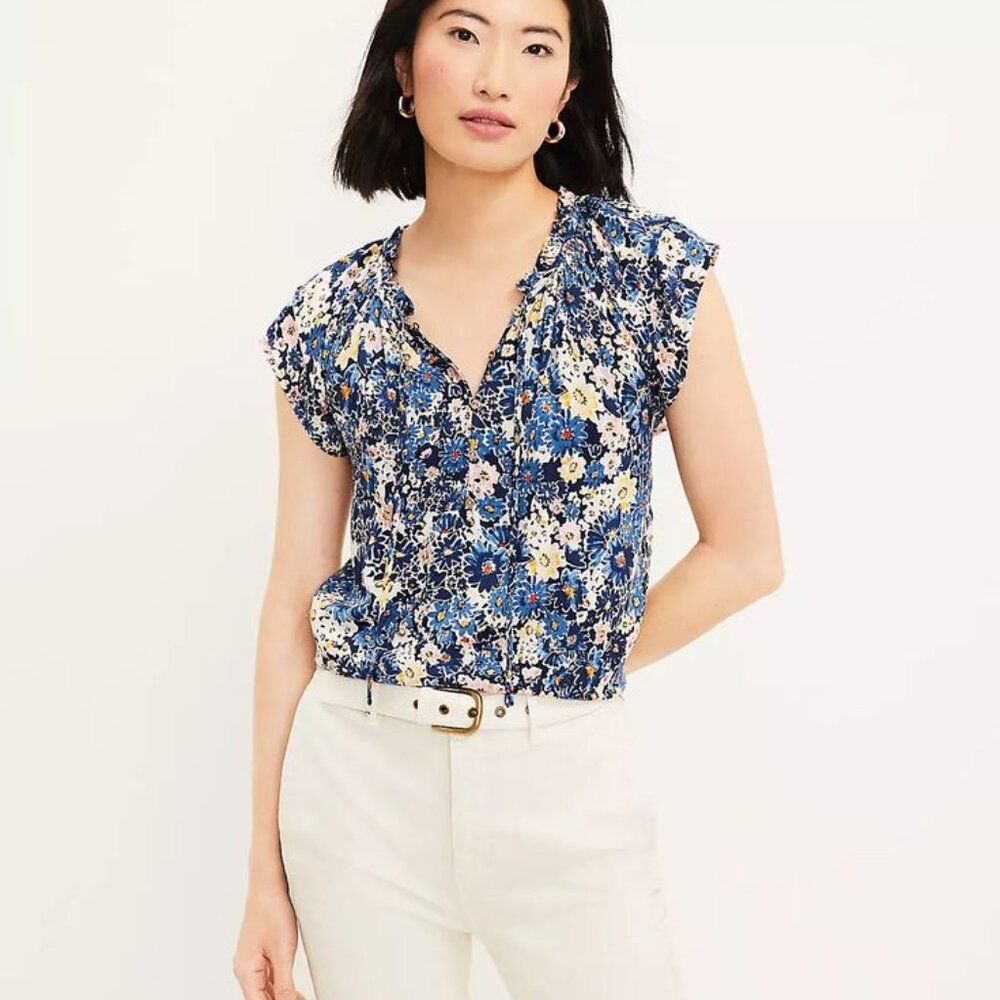 Loft Garden Button Tie Neck Floral Top Ruffles Size Medium - Picture 2 of 8